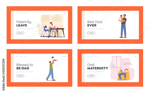Single Father Raising Child Landing Page Template Set. Dad Feed Son, Play with Toddler, Tired Dad Sleep. Happy Family