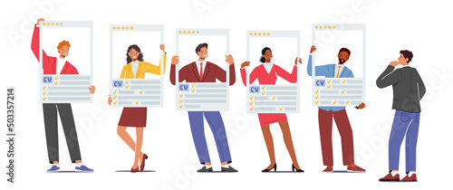 Unemployed Characters Holding Resume Paper Sheet With Avatar and Skills. Job Seekers with Cv. Labor Unemployment Problem