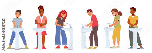 Set of Kids Washing Hands, Happy Little Boys and Girls Characters Hygiene Procedure, Children Morning Routine