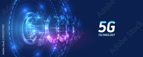 The global wireless standard concept. Hi-tech communication illustration on a blue background. 5G high-speed information transmission technology.