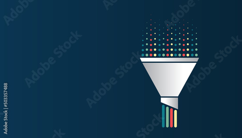 The flow of information is in the form of waves and particles. Visualization of a large amount of data. Abstract funnel, information stream. Processing sorting data fragmentation.