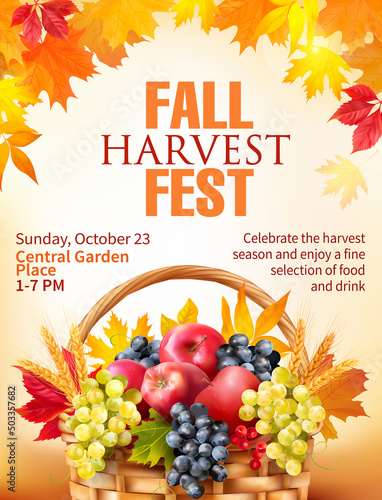 Fall Harvest Fest poster design with basket full of fruits. Vector illustration. 