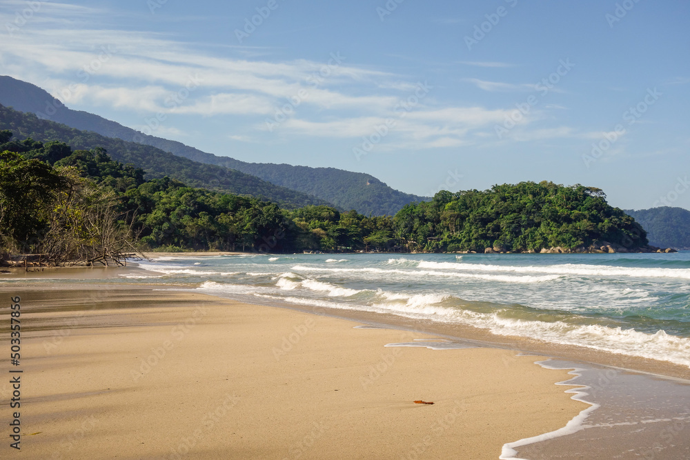 view of Castellanos paradisiac wild beach in Ilhabela island. Sao Paulo coastline, Brazil