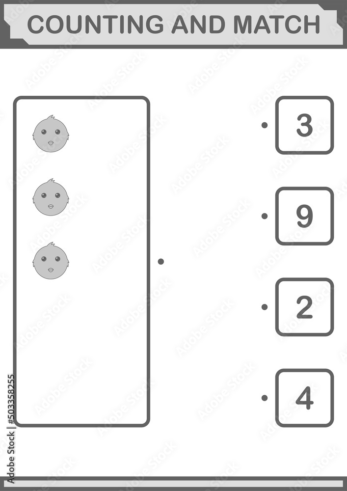 Counting and match Chicken face. Worksheet for kids Counting and match Chicken face. Worksheet for kids