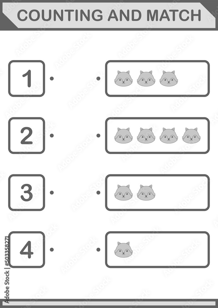 Counting and match Fox face. Worksheet for kids Counting and match Fox face. Worksheet for kids