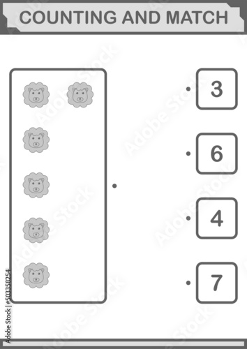 Counting and match Lion face. Worksheet for kids