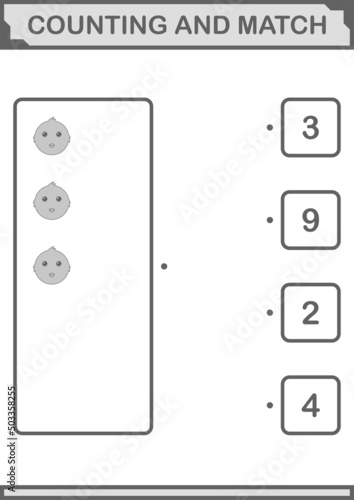 Counting and match Chicken face. Worksheet for kids