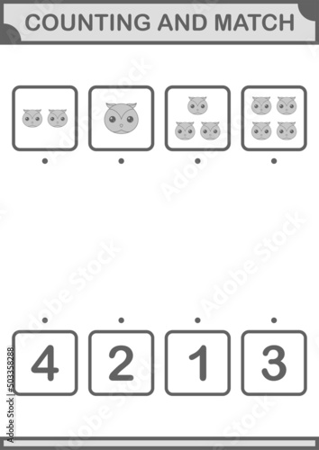 Counting and match Owl face. Worksheet for kids