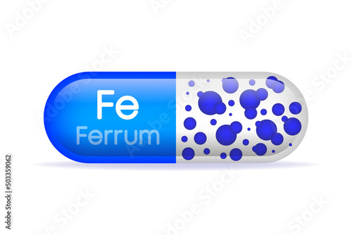 Mineral Fe Ferum blue shining pill capsule. Vector illustration