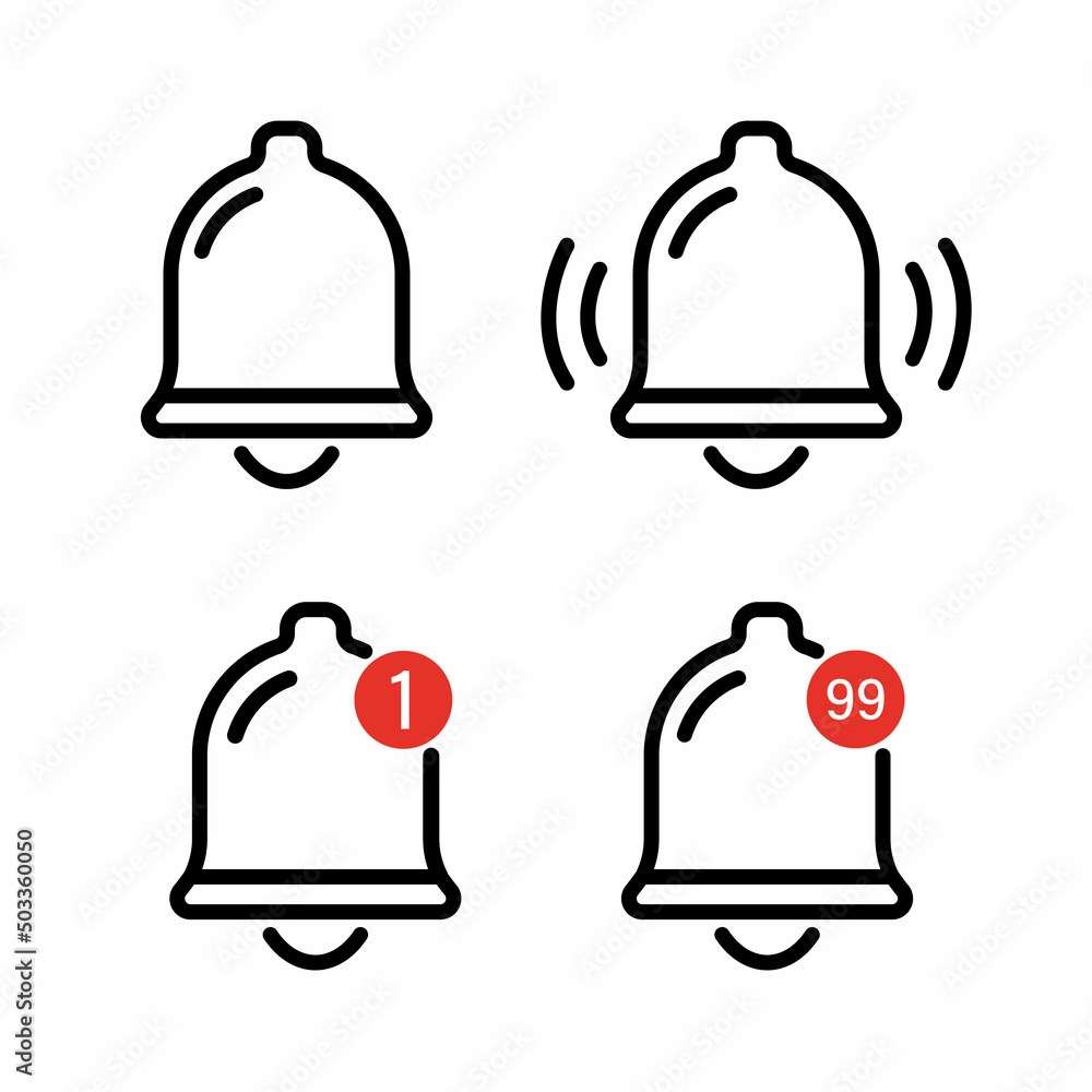 Notification bell icon line set. The ringing bell vibrates to warn of the upcoming show. Vector illustration isolated on white background Notification bell icon line set. The ringing bell vibrates to warn of the upcoming show. Vector illustration isolated on white background