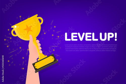 Level up icon. Golden star with text and glowing effects. Banner vector. Level up game