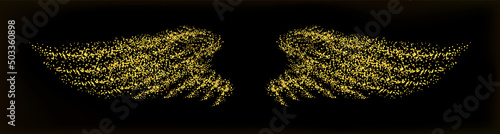 Golden crumbs, gold scattering sand of shape angel wings isolated. Vector.