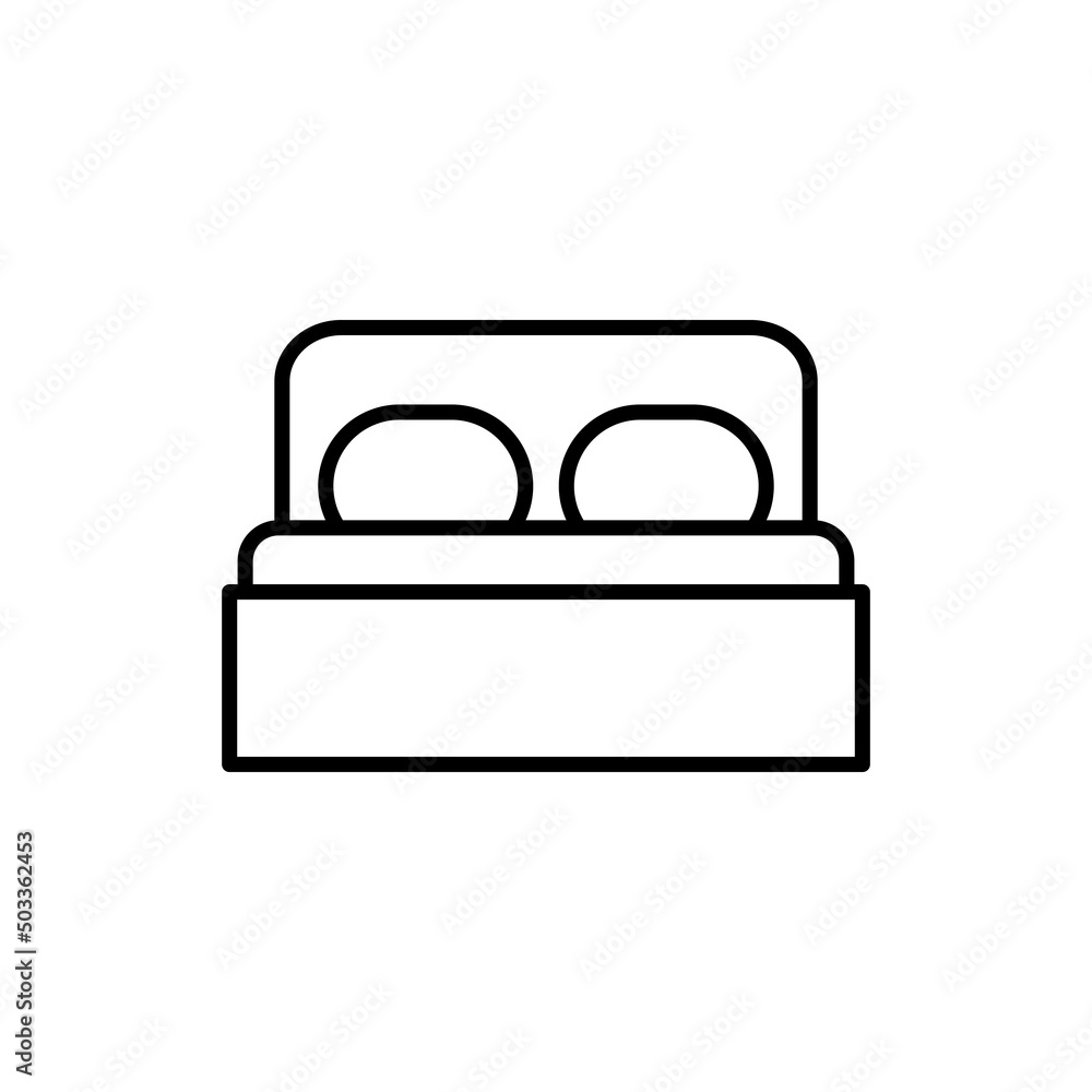 Hotel, motel or lodging thin line icon in black. Double bed on white background. Flat style isolated symbol, for: illustration, minimal, logo, mobile, app, emblem, design, web, ui, ux. Vector EPS 10 Hotel, motel or lodging thin line icon in black. Double bed on white background. Flat style isolated symbol, for: illustration, minimal, logo, mobile, app, emblem, design, web, ui, ux. Vector EPS 10