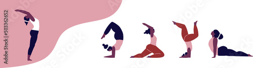 Women exercising yoga vector illustration. Yogis in poses meditation vector logo illustration. Inspirational Yoga art. Yoga logo, boho print, poster. Cartoon flat style.Decorative hamsa hand vector