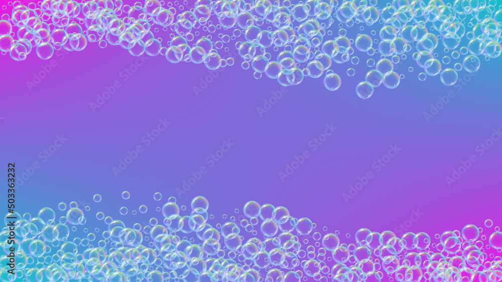 Detergent foam. Soap bath bubble and suds for bathtub. Shampoo. Rainbow Blue fizz and splash. Realistic water frame and border. 3d vector illustration template. colorful liquid detergent foam