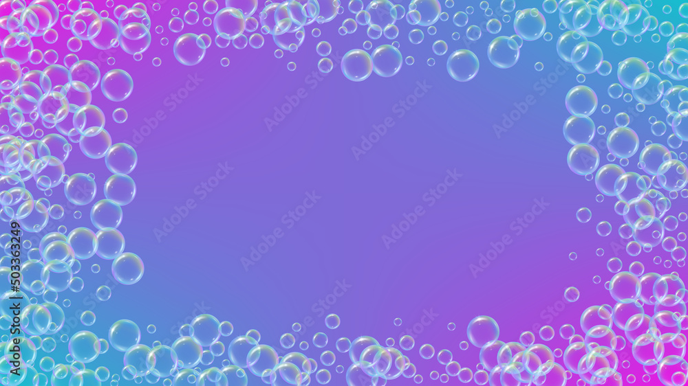 Soap foam. Detergent bath bubble and suds for bathtub. Shampoo. Aqua fizz and splash. Realistic water frame and border. 3d vector illustration invite. Rainbow colorful liquid soap foam.