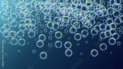 Bathtub foam. Detergent soap bubble and suds for bath. Shampoo. 3d vector illustration invite. Aqua fizz and splash. Realistic water frame and border. Blue colorful liquid bathtub foam.
