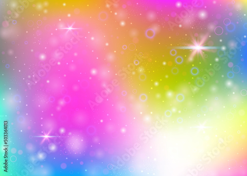 Unicorn background with rainbow mesh. Trendy universe banner in princess colors. Fantasy gradient backdrop with hologram. Holographic unicorn background with magic sparkles, stars and blurs.