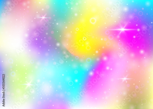 Fairy background with rainbow mesh. Liquid universe banner in princess colors. Fantasy gradient backdrop with hologram. Holographic fairy background with magic sparkles, stars and blurs.