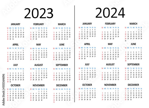 Calendar yearly 2023 2024. Week starts on Sunday. Vector illustration