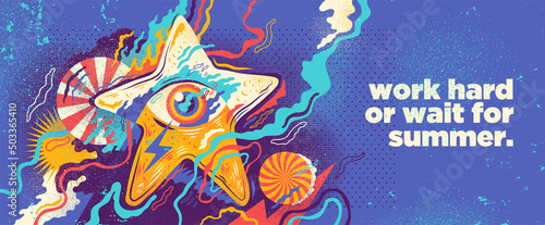 Abstract summer party graffiti design in grungy style with starfish and colorful splashes. Vector illustration.