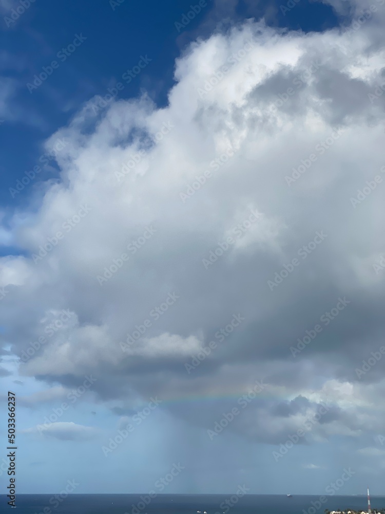 Rainbow over the Honolulu Ala Moana beach area, view from the Ala Moana hotel, Oahu island Hawaii, year 2022