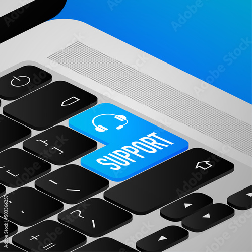 Blue support button on gold background. Dialog, chat speech bubble
