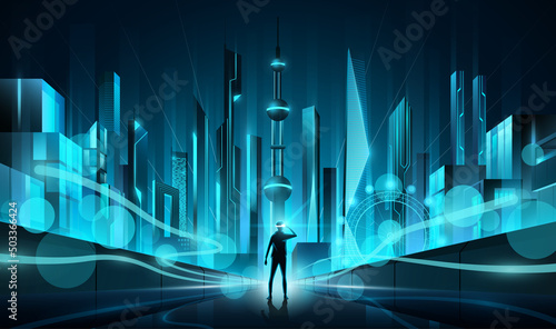 Metaverse future blue cityscape perspective view, Metaverse technology world concept, vector illustration