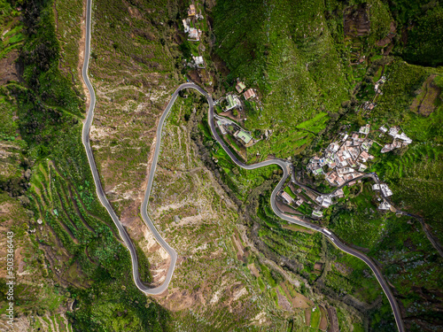 The winding road through the green mountain park.