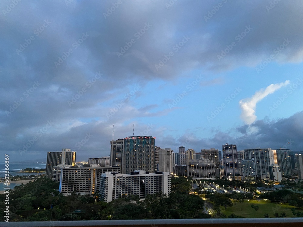 Waikiki city view, clouds over the urban area, Oahu island, Hawaii, year 2022 May Waikiki city view, clouds over the urban area, Oahu island, Hawaii, year 2022 May