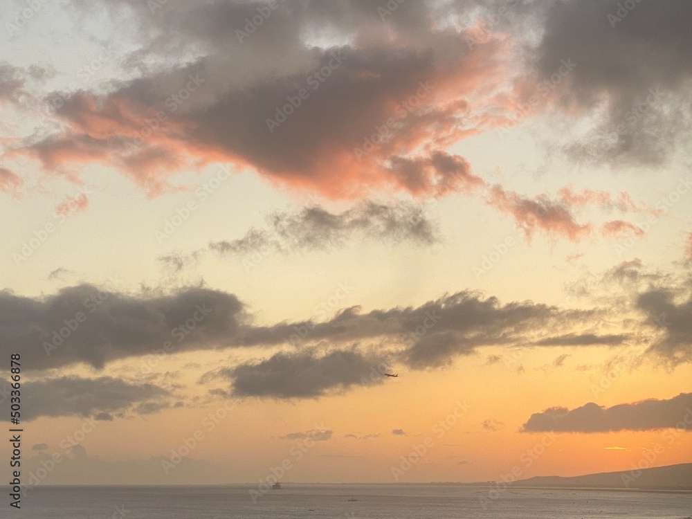 Sunset over the Waikiki beach, Oahu Island, Hawaii year 2022 May Sunset over the Waikiki beach, Oahu Island, Hawaii year 2022 May