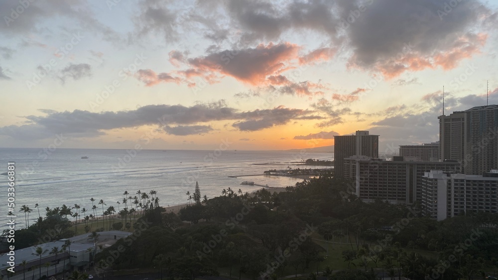 Sunset over the Waikiki beach, Oahu Island, Hawaii year 2022 May