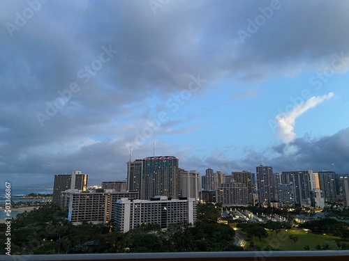 Waikiki city view, clouds over the urban area, Oahu island, Hawaii, year 2022 May