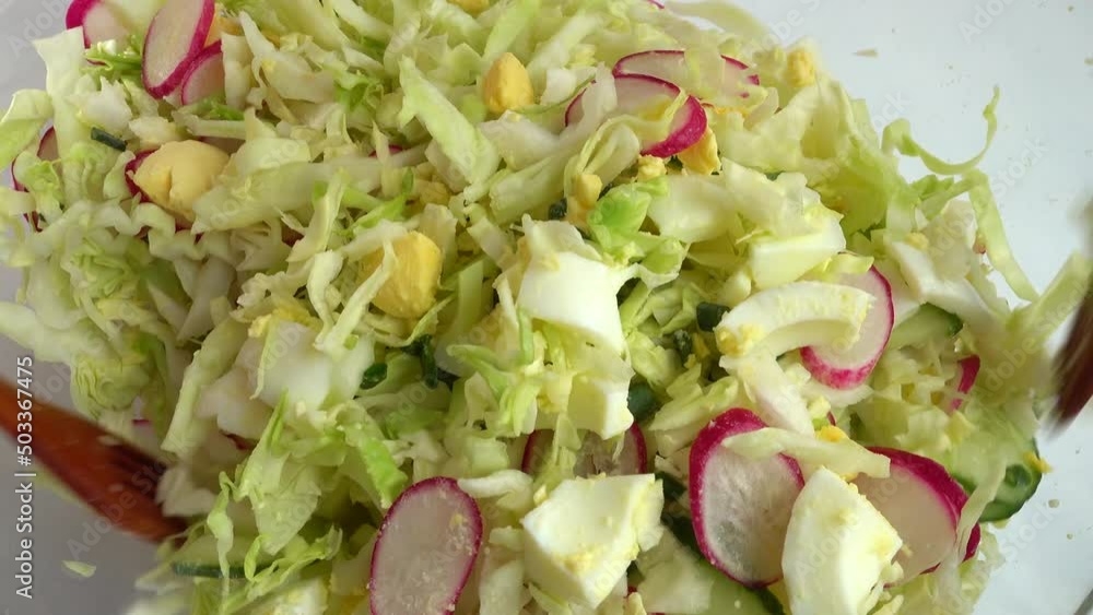 Salad ingredients in a glass bowl, cabbage, radish, onion, cucumber, egg. Salad preparation. Salad ingredients in a glass bowl, cabbage, radish, onion, cucumber, egg. Salad preparation.