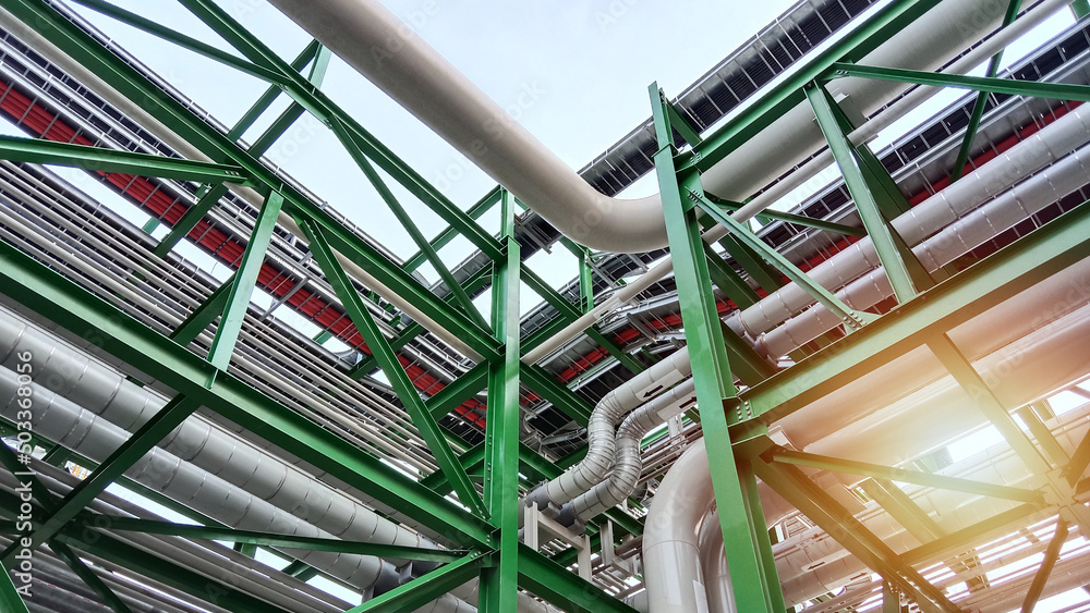 Steel structure and piping system in chemical industry, large industrial factory construction concept