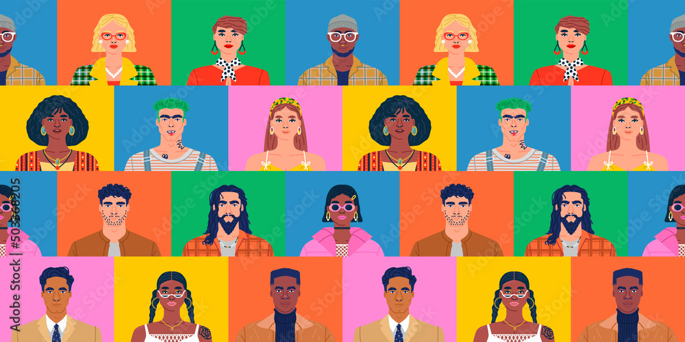 Crowd of diverse people cartoon character group seamless pattern illustration in colorful 90s style backgrounds. Modern team of many young men and women background. Crowd of diverse people cartoon character group seamless pattern illustration in colorful 90s style backgrounds. Modern team of many young men and women background.