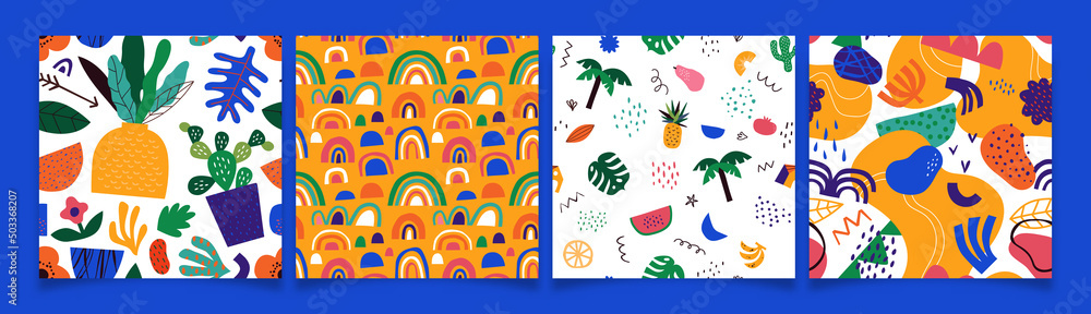 Abstract organic shape drawing seamless pattern set with colorful summer doodles. Trendy flat cartoon background collection, funny cartoon shapes in childish art style. 