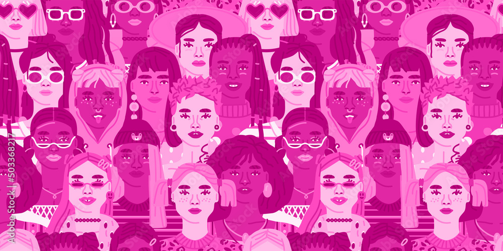 Crowd of diverse woman people cartoon character seamless pattern ...