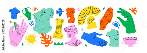 Colorful vintage greek decoration cartoon shape collection. Set of ancient history sculpture, god monument and historical doodle illustration.