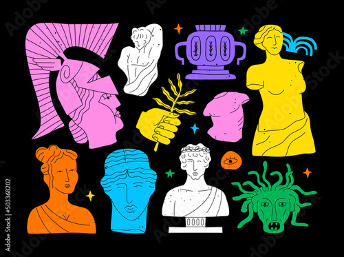 Colorful vintage greek decoration cartoon shape collection. Set of ancient history sculpture, god monument and historical doodle illustration.