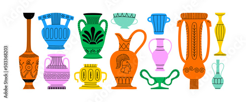 Colorful vintage greek vase decoration cartoon collection. Set of ancient history jar, clay pottery and historical doodle illustration on isolated background. Trendy home decor bundle.