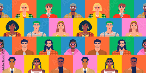 Crowd of diverse people cartoon character group seamless pattern illustration in colorful 90s style backgrounds. Modern team of many young men and women background.