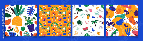 Abstract organic shape drawing seamless pattern set with colorful summer doodles. Trendy flat cartoon background collection, funny cartoon shapes in childish art style. 