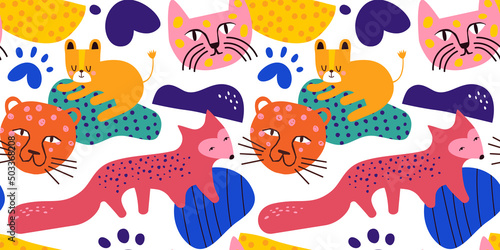 Colorful wild animal drawing seamless pattern. Modern trendy cat shapes with fox and abstract geometric shape background.