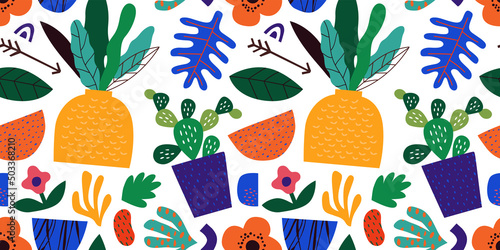 Abstract tropical nature plant seamless pattern with colorful freehand doodles. Modern flat cartoon background, cactus houseplant shapes in bright trendy colors. 