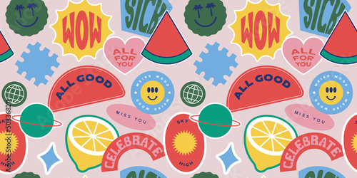 Vintage fruit sticker label seamless pattern. Retro 90s smile icon tag background texture. Trendy sign wallpaper.