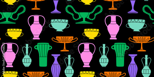 Classical greek vase decoration cartoon seamless pattern illustration. Colorful trendy museum jar background, ancient pottery doodle wallpaper.
