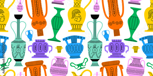 Classical greek vase decoration cartoon seamless pattern illustration. Colorful trendy museum jar background, ancient pottery doodle wallpaper.