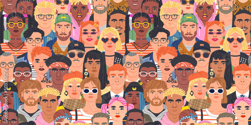 Crowd of diverse people cartoon character group seamless pattern illustration. Modern team of many young men and women background.