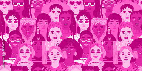 Crowd of diverse woman people cartoon character seamless pattern illustration. Multi cultural all girl background in pink color for female only event, womens day or breast cancer support design.